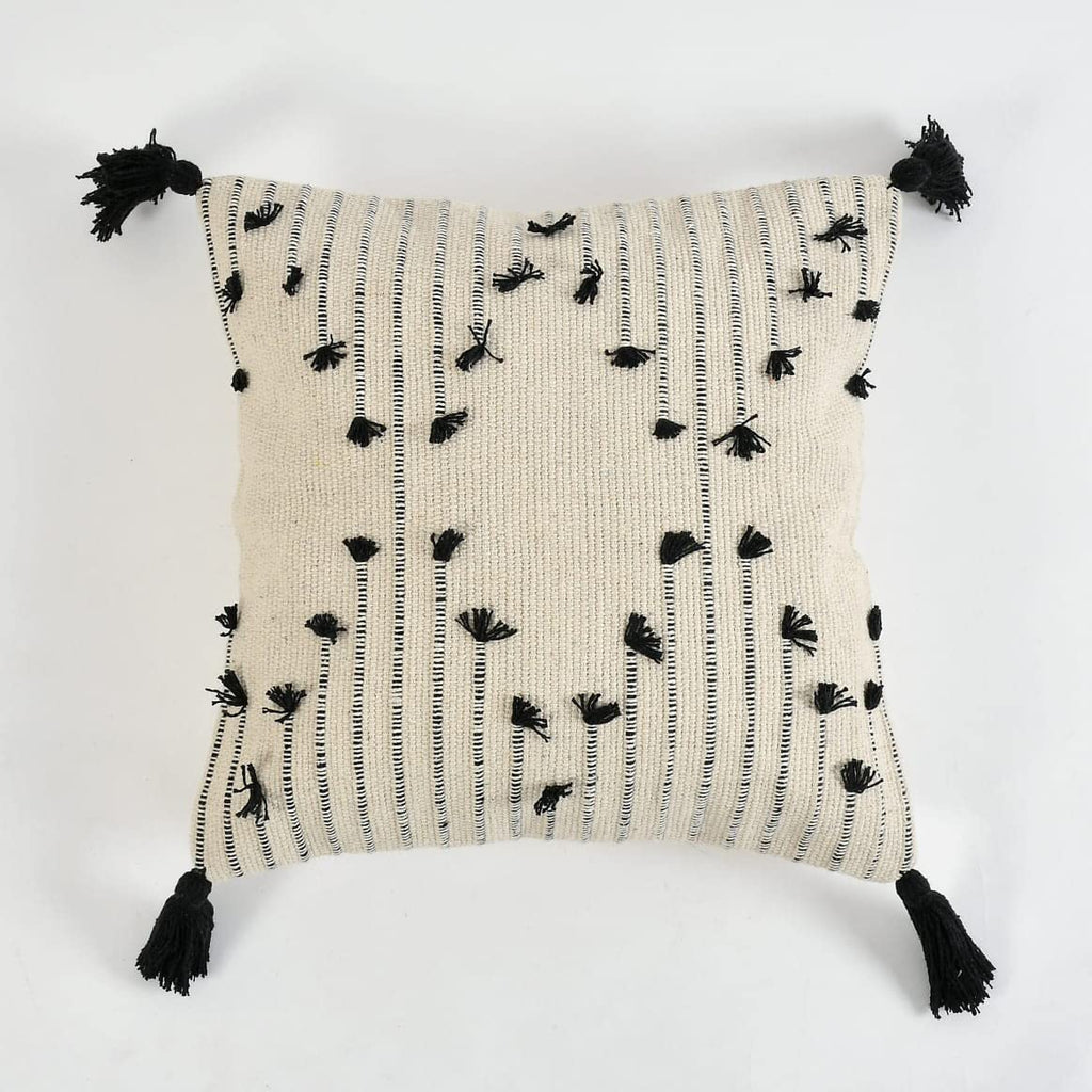 Cream & Black Boho Tassel Cushion Cover Set – Textured Woven Decorative Throw Pillows Cover Set for Sofa, Living Room & Bedroom (Pack of 2)