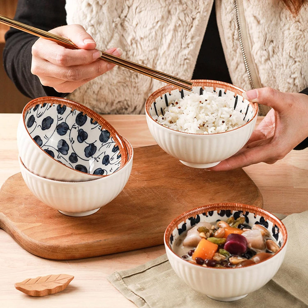 Blue & White Ceramic Bowl Set of 6 – Japanese Floral Pattern Serving & Snack Bowls