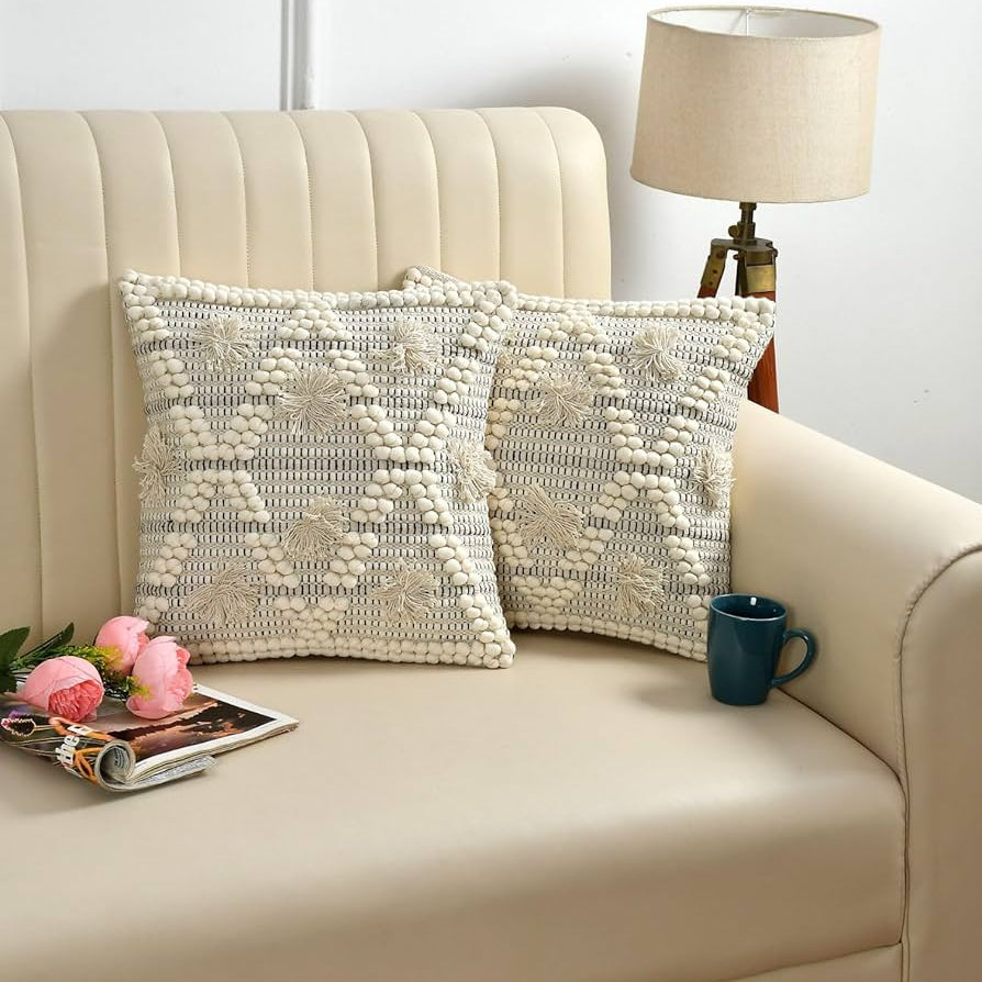 Cream Boho Textured Cushion Cover Set – Geometric Tufted Decorative Throw Pillows Cover Set for Sofa, Living Room & Bedroom (Pack of 2)
