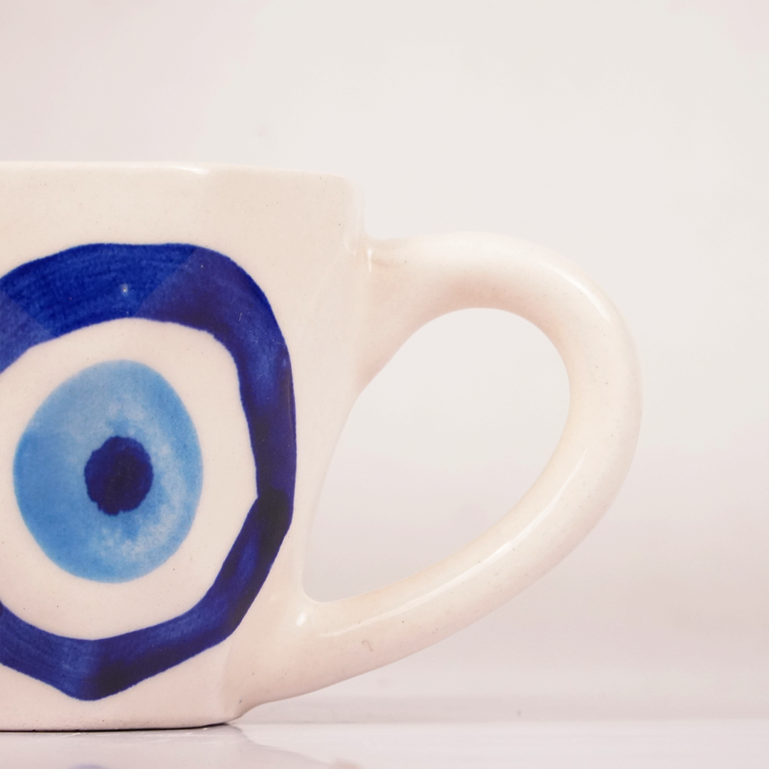 White Ceramic Cup & Saucer with Blue Evil Eye Design – Aesthetic Tea & Coffee Mug Set