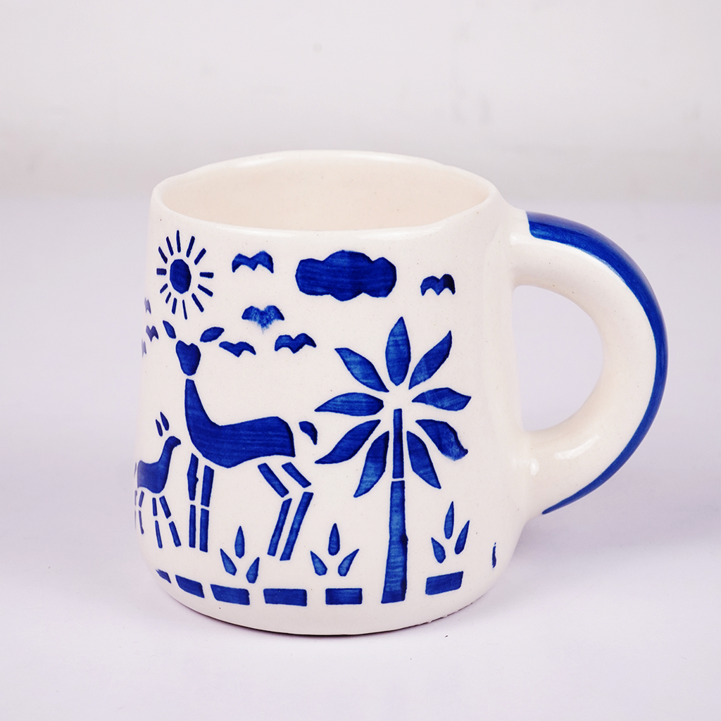 White Ceramic Coffee Mug with Blue Hand Painted Ocean & Nature Design