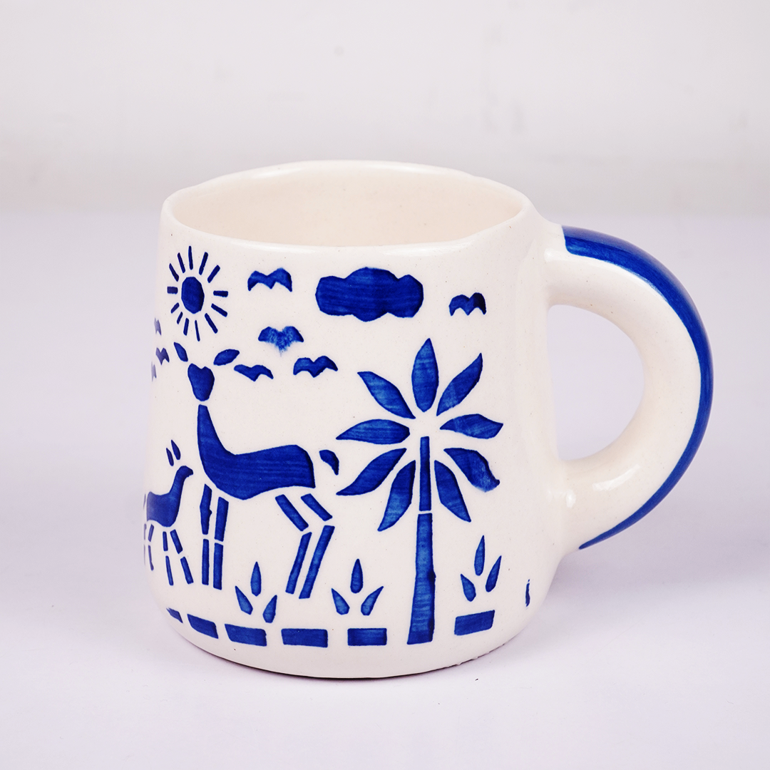 White Ceramic Coffee Mug with Blue Hand Painted Ocean & Nature Design