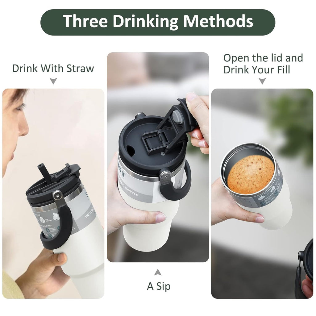Modern Vacuum Insulated Travel WHITE COLOR Tumbler with Carry Handle  Short & Catchy