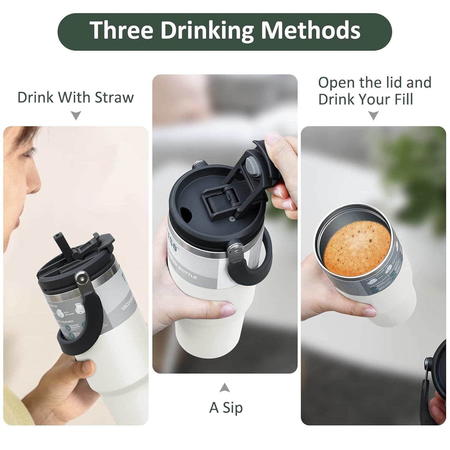 Modern Vacuum Insulated Travel WHITE COLOR Tumbler with Carry Handle  Short & Catchy