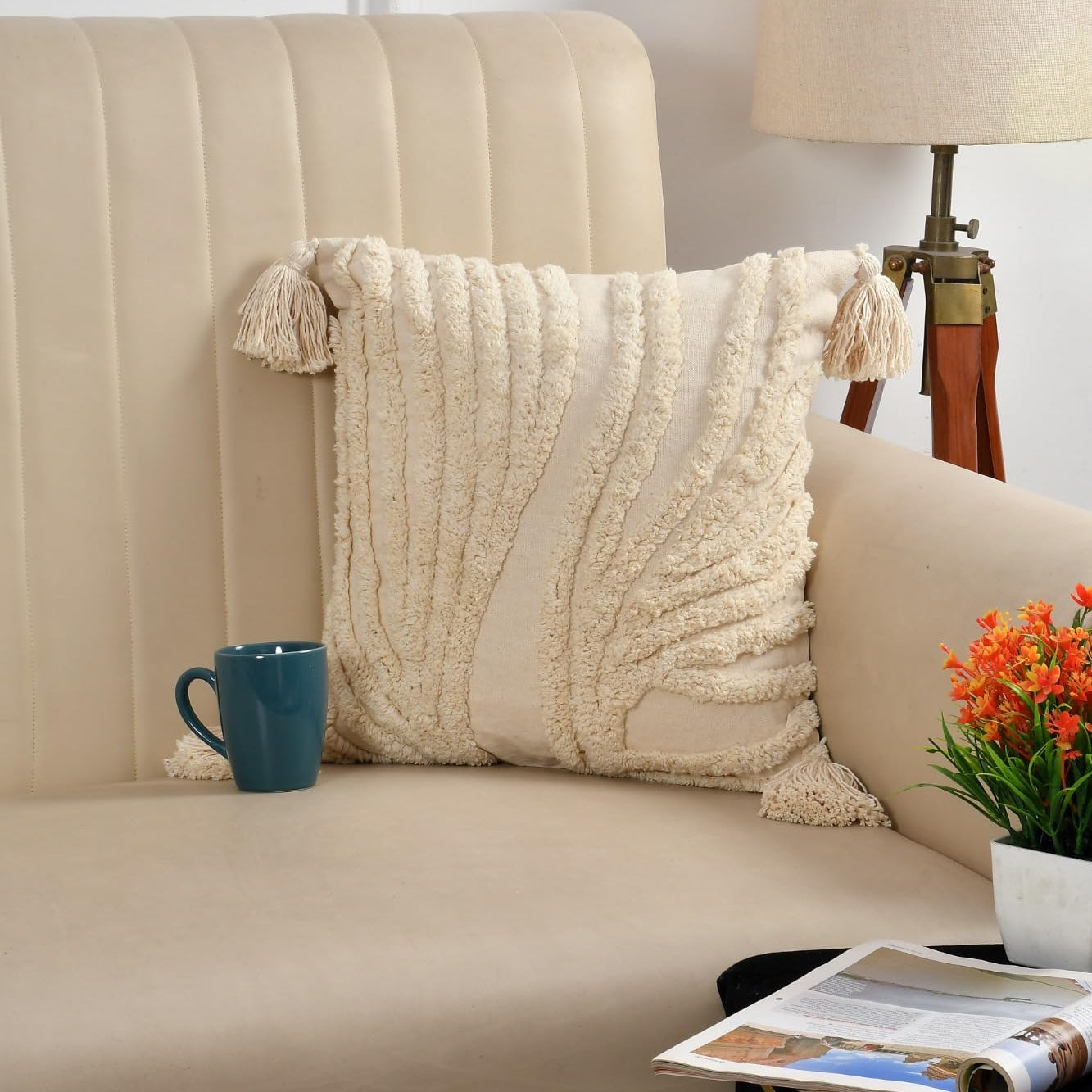 Cream Boho Textured Tassel Cushion Cover Set – Tufted Decorative Throw Pillows for Sofa, Living Room & Bedroom (Pack of 2)