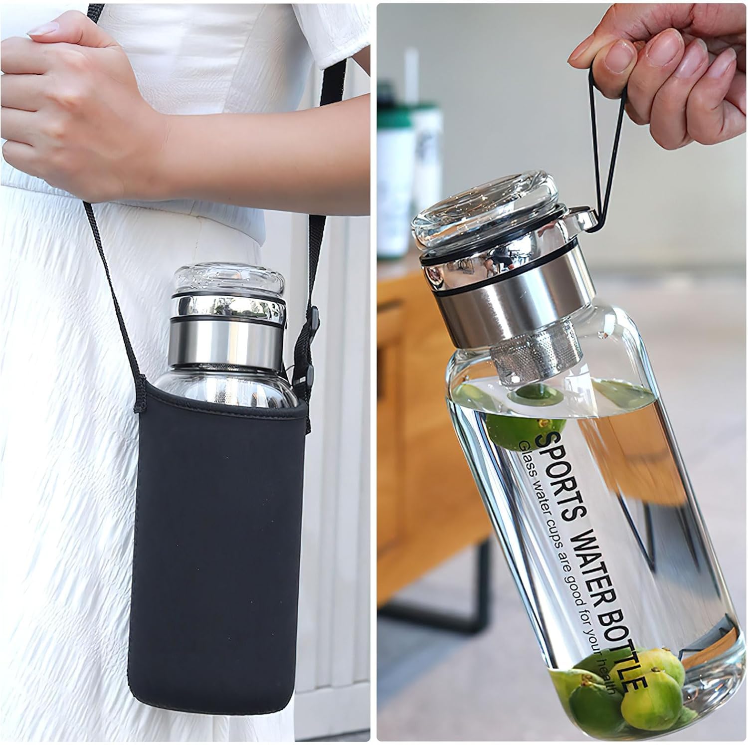 Glass Infuser Water Bottle with Stainless Steel Filter | Fruit Infuser, Detox & Flavoured Water Bottle