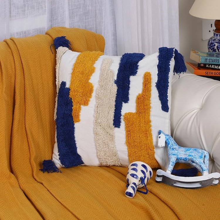 Blue, Mustard & Cream Boho Tufted Cushion Cover Set – Textured Decorative Throw Pillows cover Set with Tassels for Sofa, Living Room & Bedroom (Pack of 2)