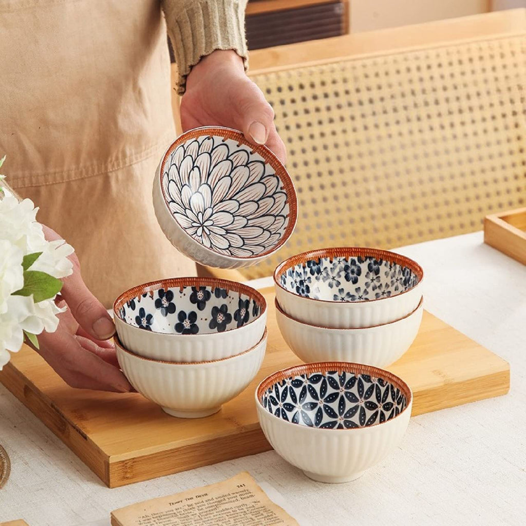 Blue & White Ceramic Bowl Set of 6 – Japanese Floral Pattern Serving & Snack Bowls