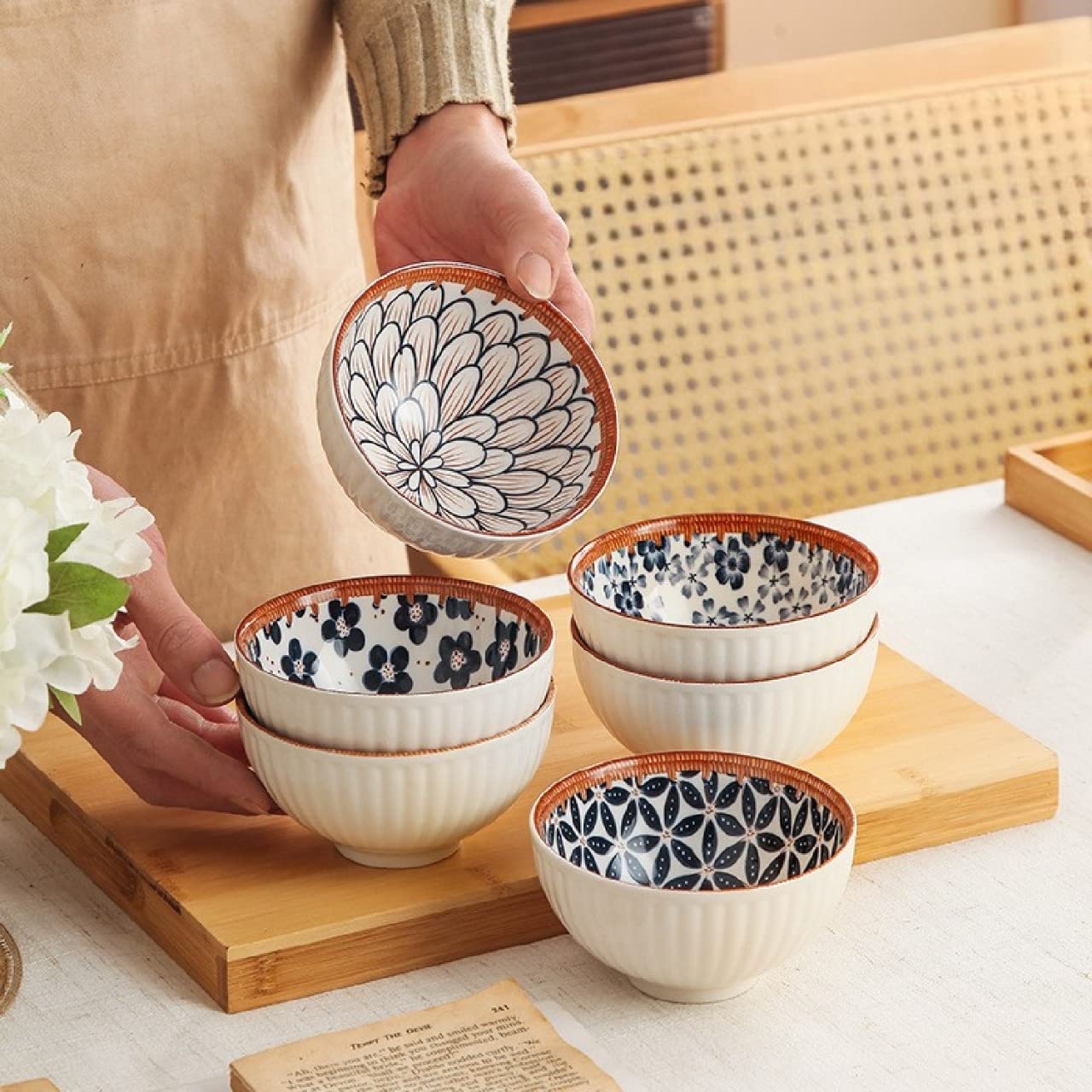 Blue & White Ceramic Bowl Set of 6 – Japanese Floral Pattern Serving & Snack Bowls