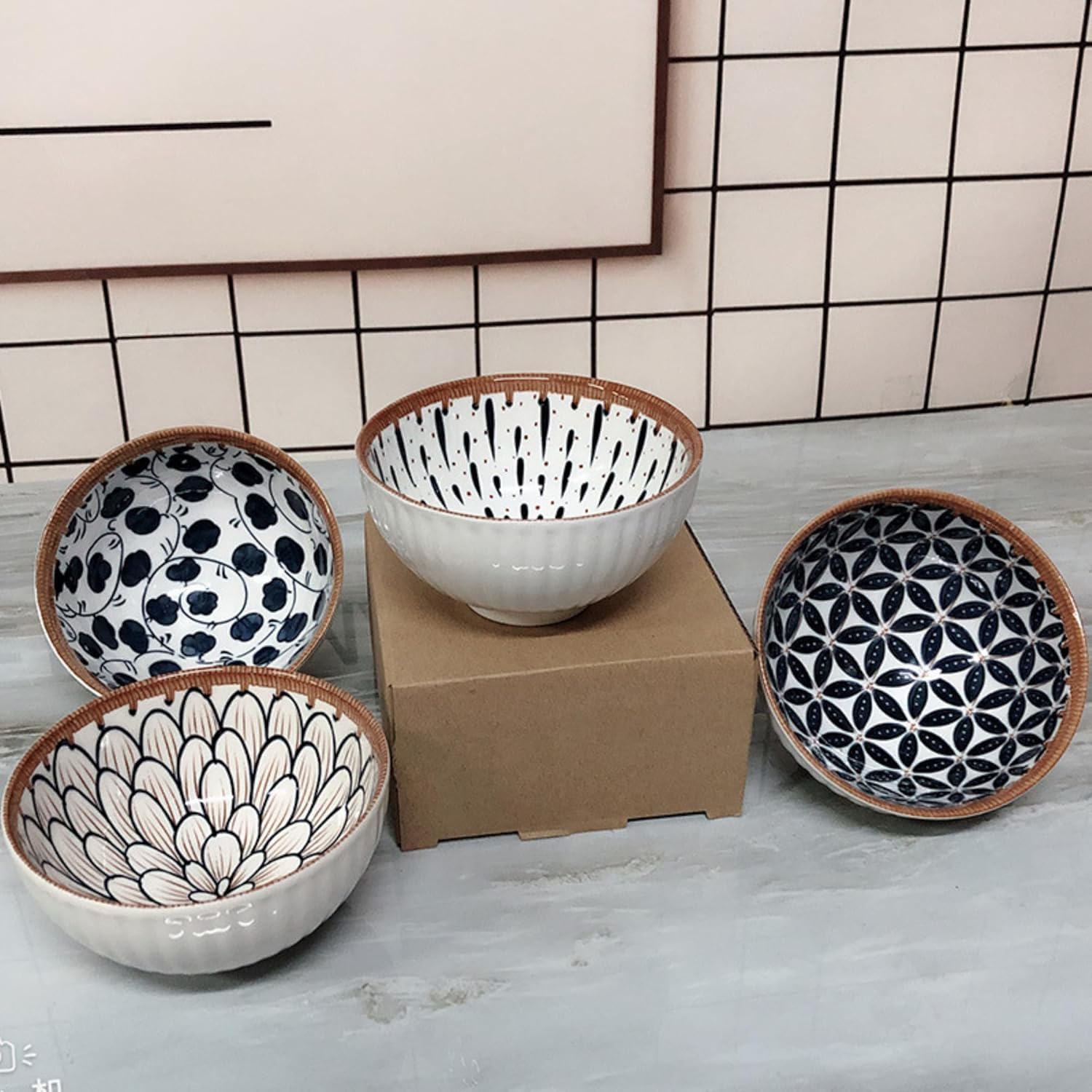 Blue & White Ceramic Bowl Set of 6 – Japanese Floral Pattern Serving & Snack Bowls