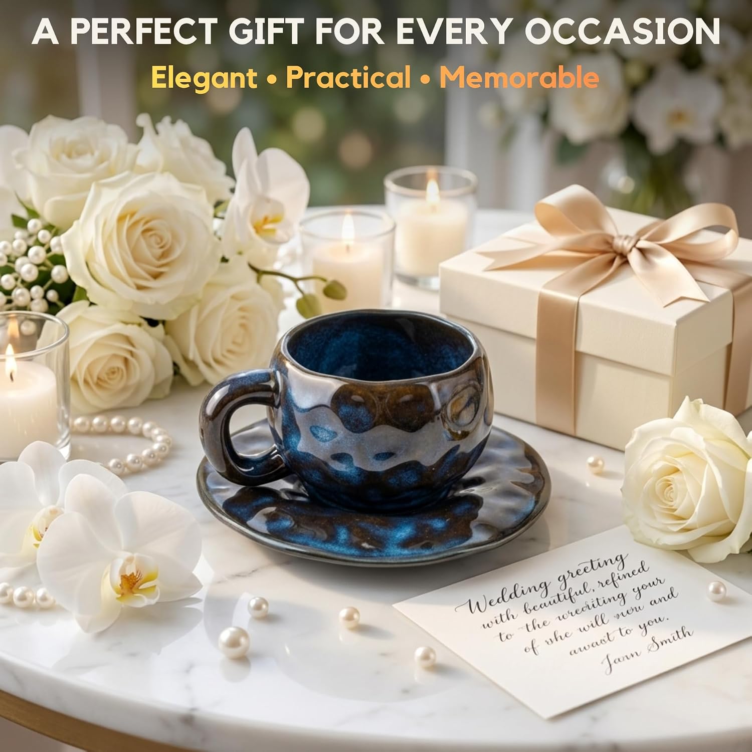 Midnight Blue Ceramic Coffee Cup & Saucer Set