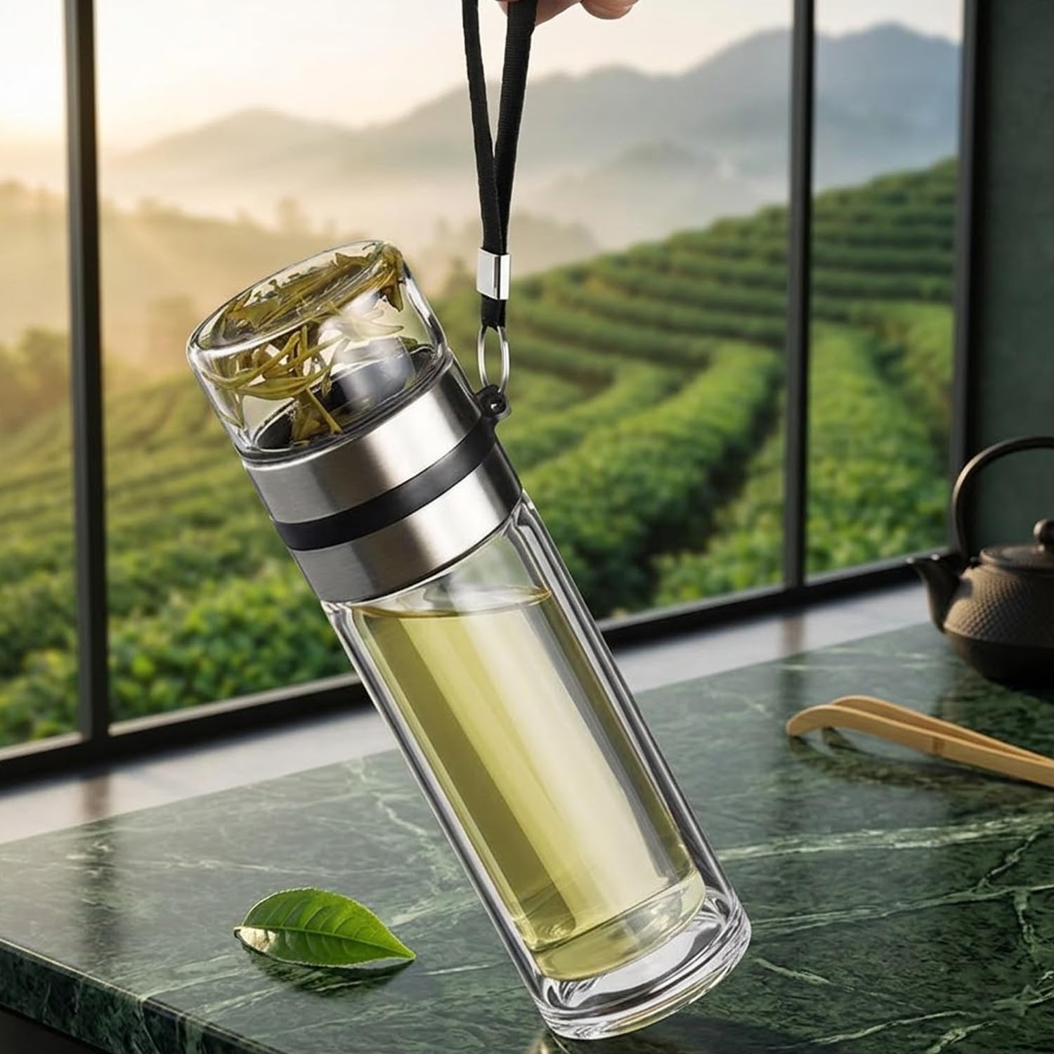 Glass Water Bottle with Stainless Steel Lid & Carry Strap | Reusable Travel & Gym Bottle