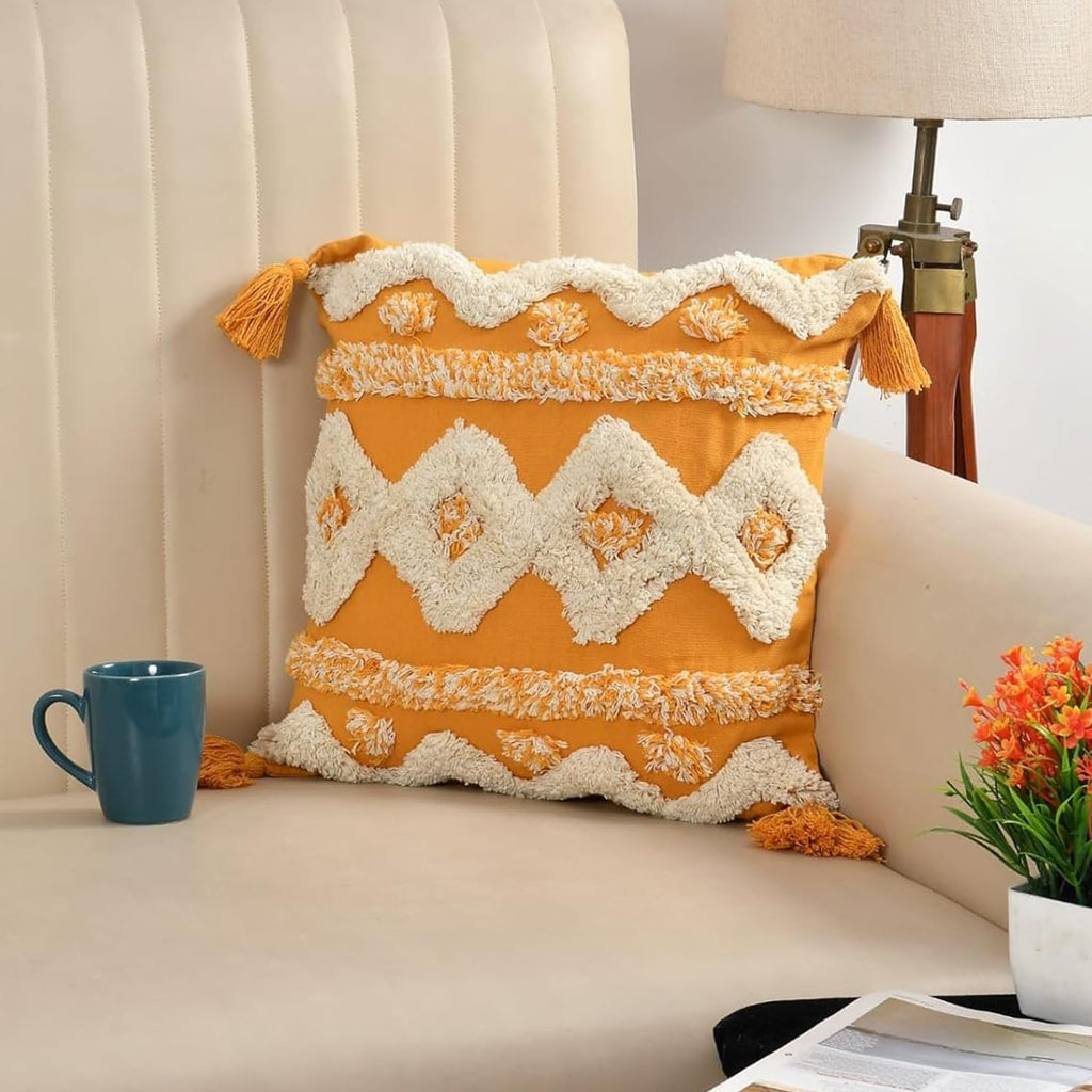 Mustard & Cream Boho Tufted Cushion Cover Set – Geometric Textured Decorative Throw Pillows Cover Set with Tassels for Sofa, Living Room & Bedroom (Pack of 2)