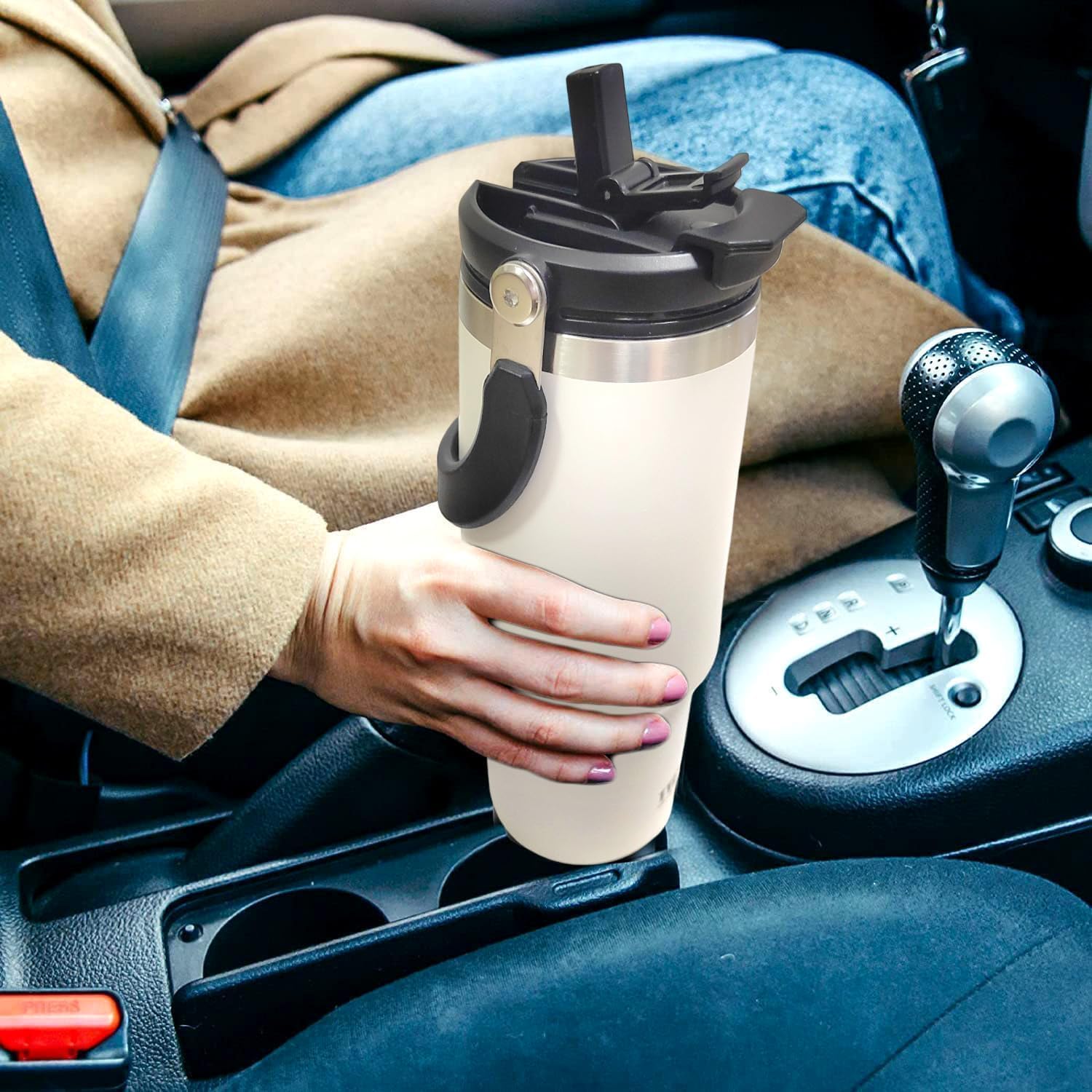 Modern Vacuum Insulated Travel WHITE COLOR Tumbler with Carry Handle  Short & Catchy