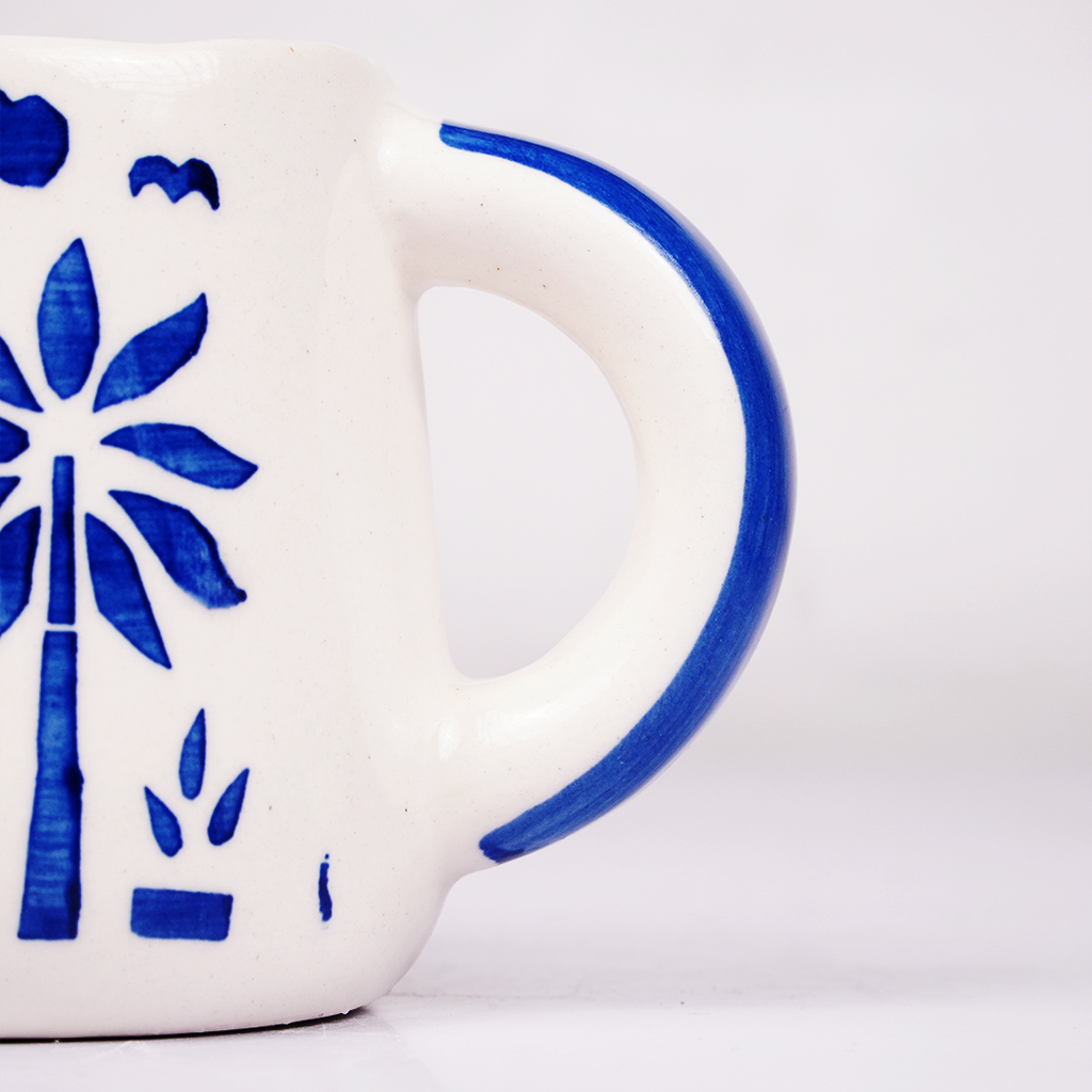 White Ceramic Coffee Mug with Blue Hand Painted Ocean & Nature Design