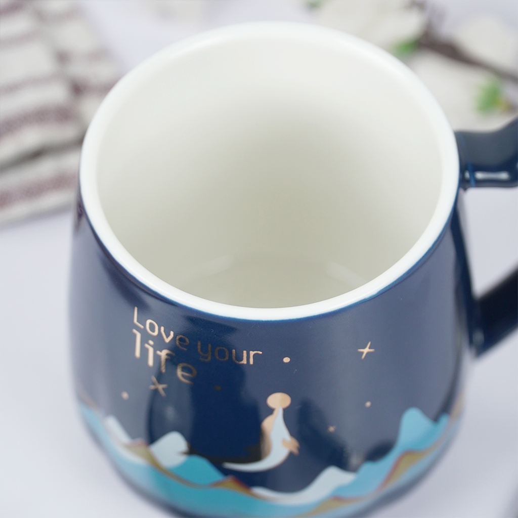 Love Your Life Ceramic Coffee Mug with Lid & Spoon | Aesthetic Tea & Coffee Mug Set | Inspirational Quote Mug | (Blue & Pink)