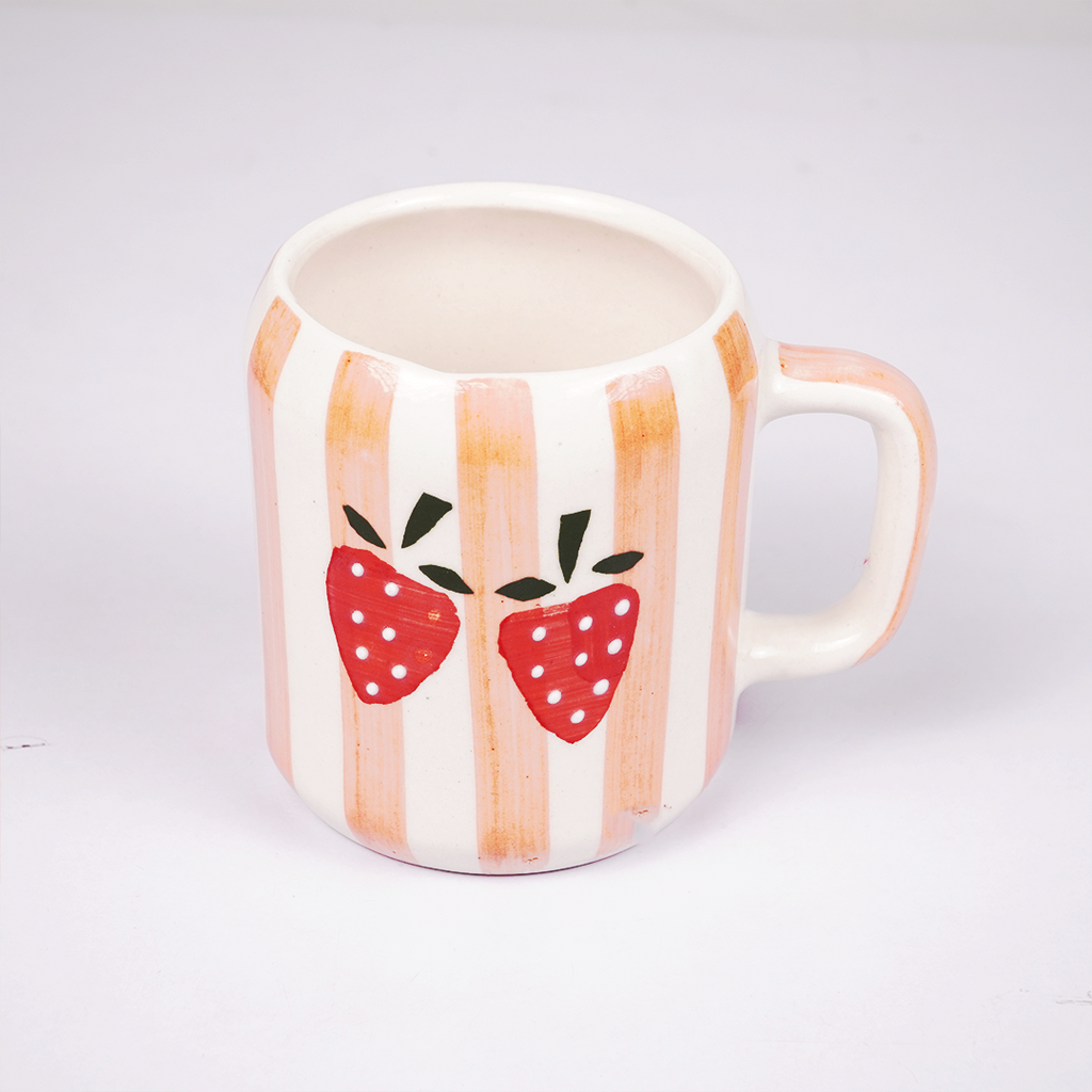 White Ceramic Coffee Mug with Strawberry Hand Painted Design