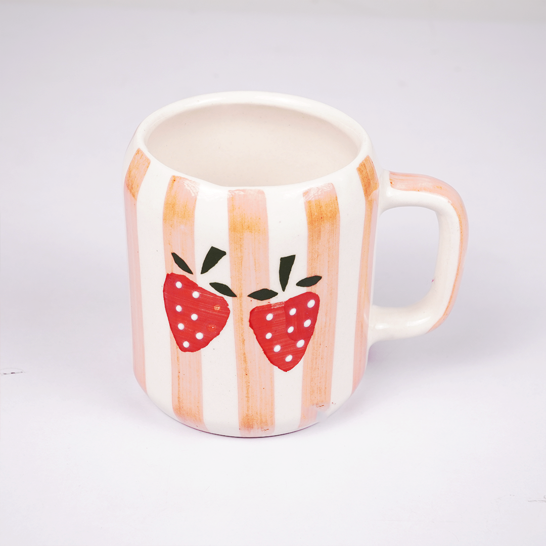 White Ceramic Coffee Mug with Strawberry Hand Painted Design