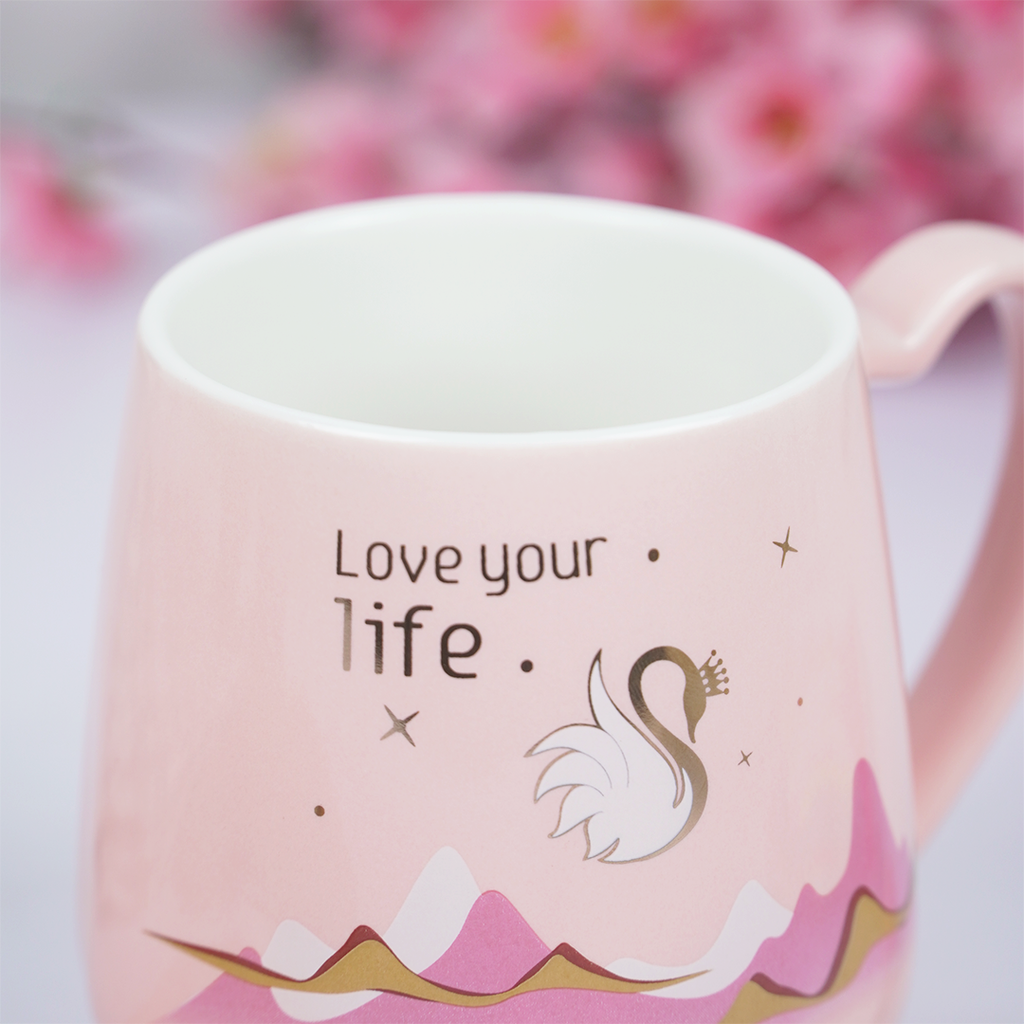 Love Your Life Ceramic Coffee Mug with Lid & Spoon | Aesthetic Tea & Coffee Mug Set | Inspirational Quote Mug | (Blue & Pink)