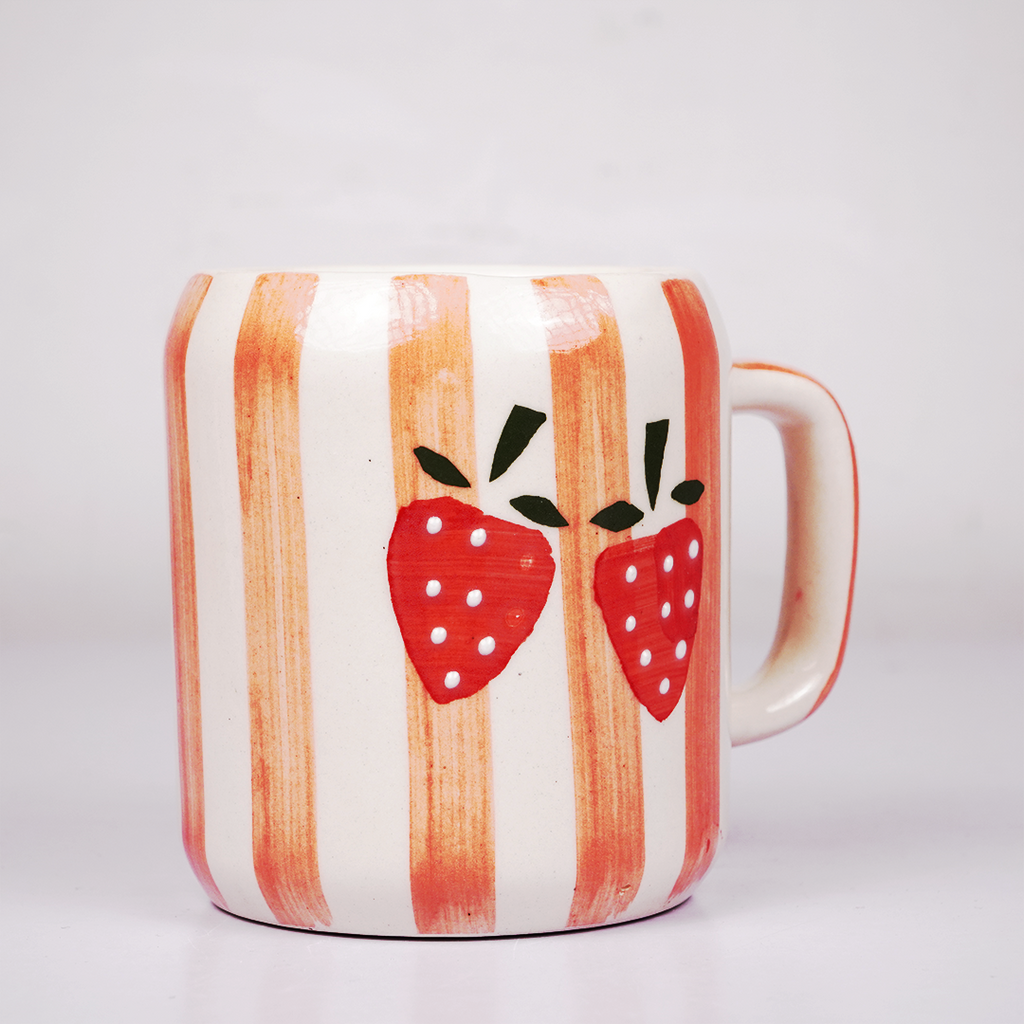 White Ceramic Coffee Mug with Strawberry Hand Painted Design
