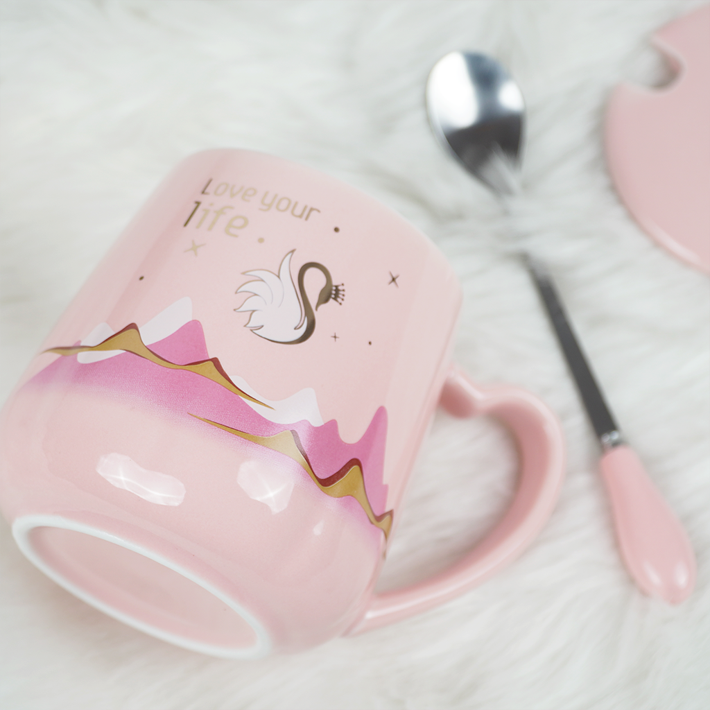 Love Your Life Ceramic Coffee Mug with Lid & Spoon | Aesthetic Tea & Coffee Mug Set | Inspirational Quote Mug | (Blue & Pink)