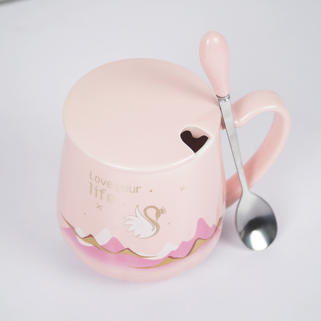 Love Your Life Ceramic Coffee Mug with Lid & Spoon | Aesthetic Tea & Coffee Mug Set | Inspirational Quote Mug | (Blue & Pink)