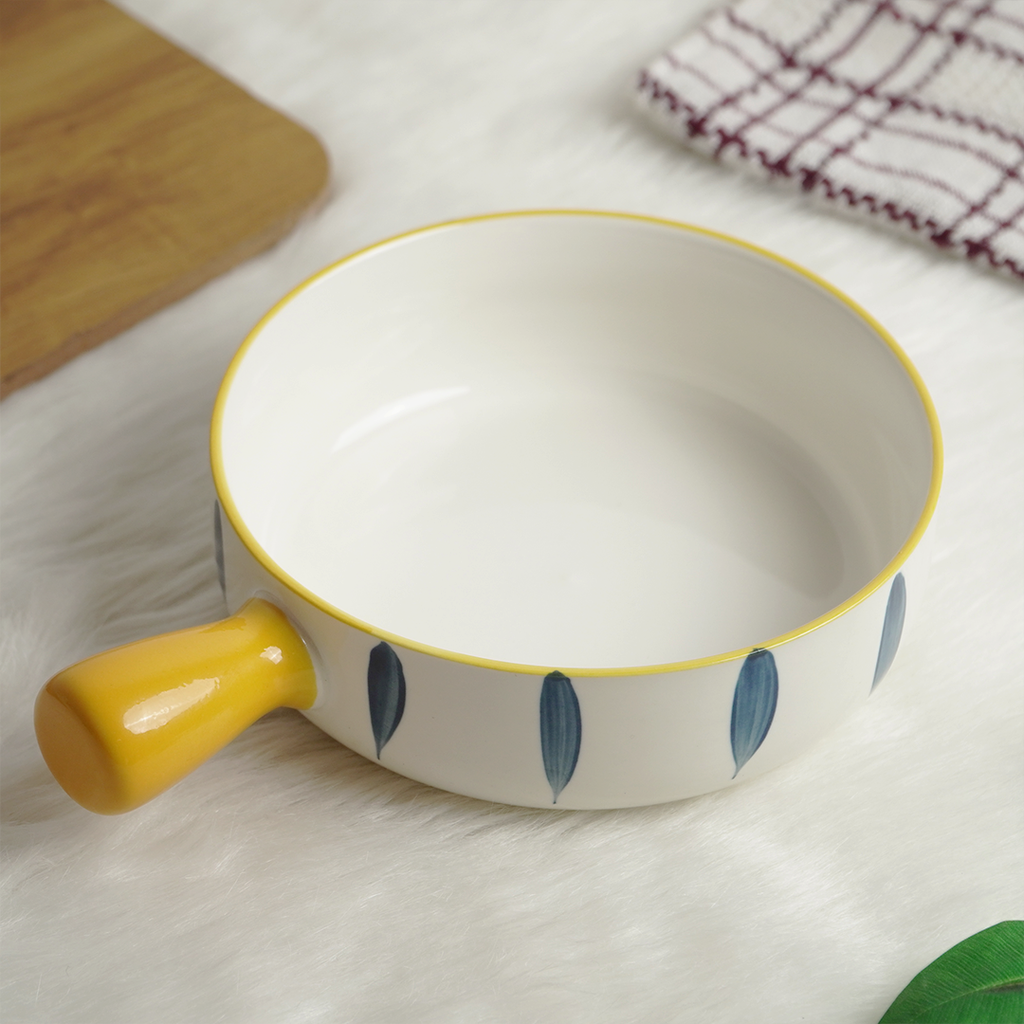 Ceramic Serving Bowl with Handle – Yellow Grip Designer Snack & Soup Bowl | Multipurpose Kitchen Bowl