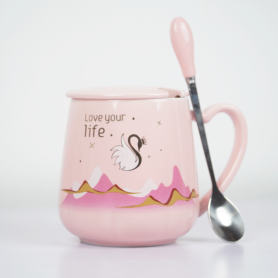 Love Your Life Ceramic Coffee Mug with Lid & Spoon | Aesthetic Tea & Coffee Mug Set | Inspirational Quote Mug | (Blue & Pink)