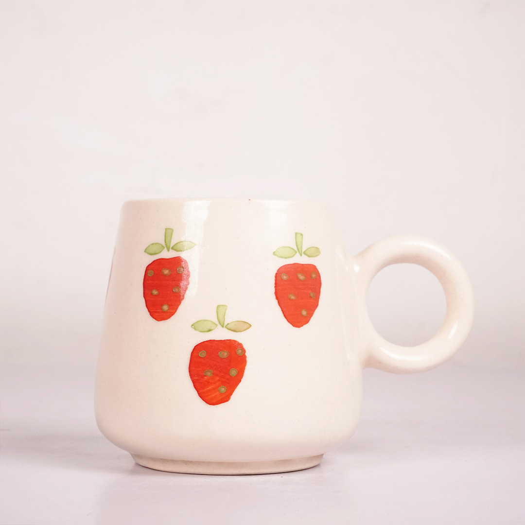 White Ceramic Strawberry Mug – Cute Fruit Print Coffee & Tea Cup
