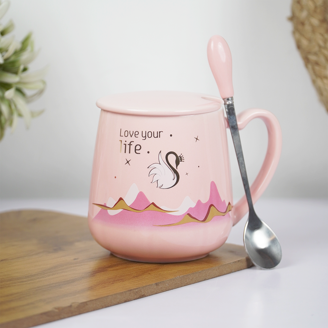 Love Your Life Ceramic Coffee Mug with Lid & Spoon | Aesthetic Tea & Coffee Mug Set | Inspirational Quote Mug | (Blue & Pink)