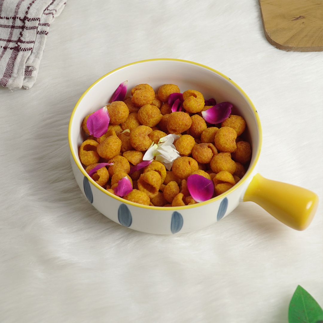 Ceramic Serving Bowl with Handle – Yellow Grip Designer Snack & Soup Bowl | Multipurpose Kitchen Bowl