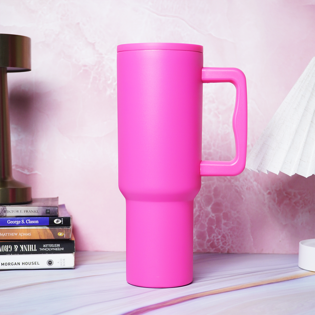 1.2L Large Capacity Insulated Travel Tumbler with Handle – Pink Reusable Stainless Steel Mug (26cm x 10cm)
