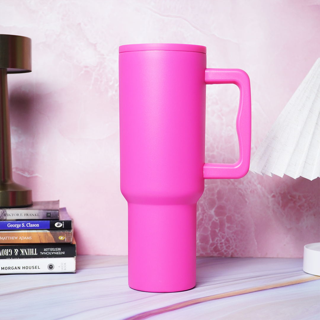 1.2L Large Capacity Insulated Travel Tumbler with Handle – Pink Reusable Stainless Steel Mug (26cm x 10cm)