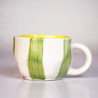 Hand-Painted Green Striped Ceramic Mug | Artistic Coffee & Tea Cup with Yellow Interior