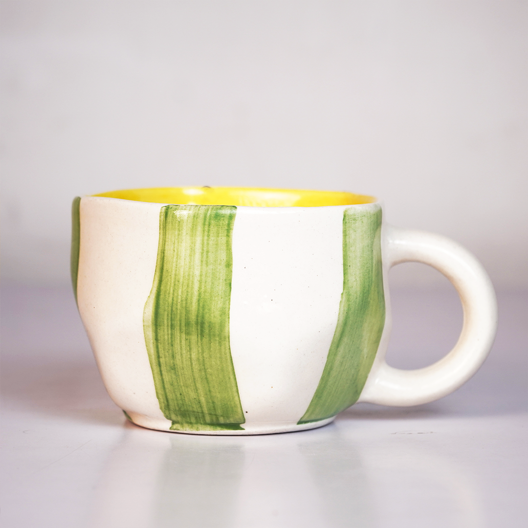 Hand-Painted Green Striped Ceramic Mug | Artistic Coffee & Tea Cup with Yellow Interior