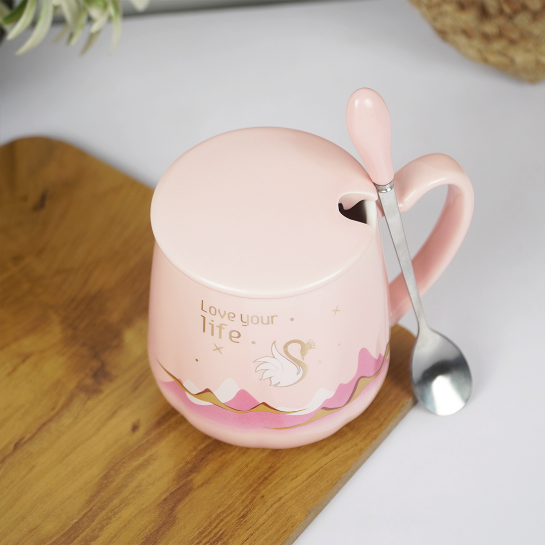 Love Your Life Ceramic Coffee Mug with Lid & Spoon | Aesthetic Tea & Coffee Mug Set | Inspirational Quote Mug | (Blue & Pink)