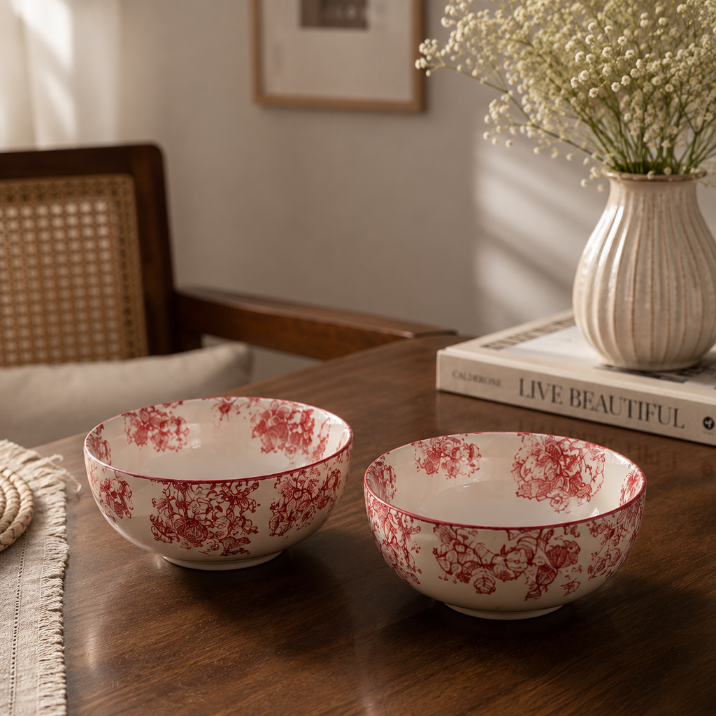 Vintage Floral Ceramic Soup Bowl Set of 6 Red Flower Print Serving & Snack Bowls