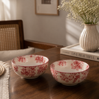 Vintage Floral Ceramic Soup Bowl Set of 6 Red Flower Print Serving & Snack Bowls
