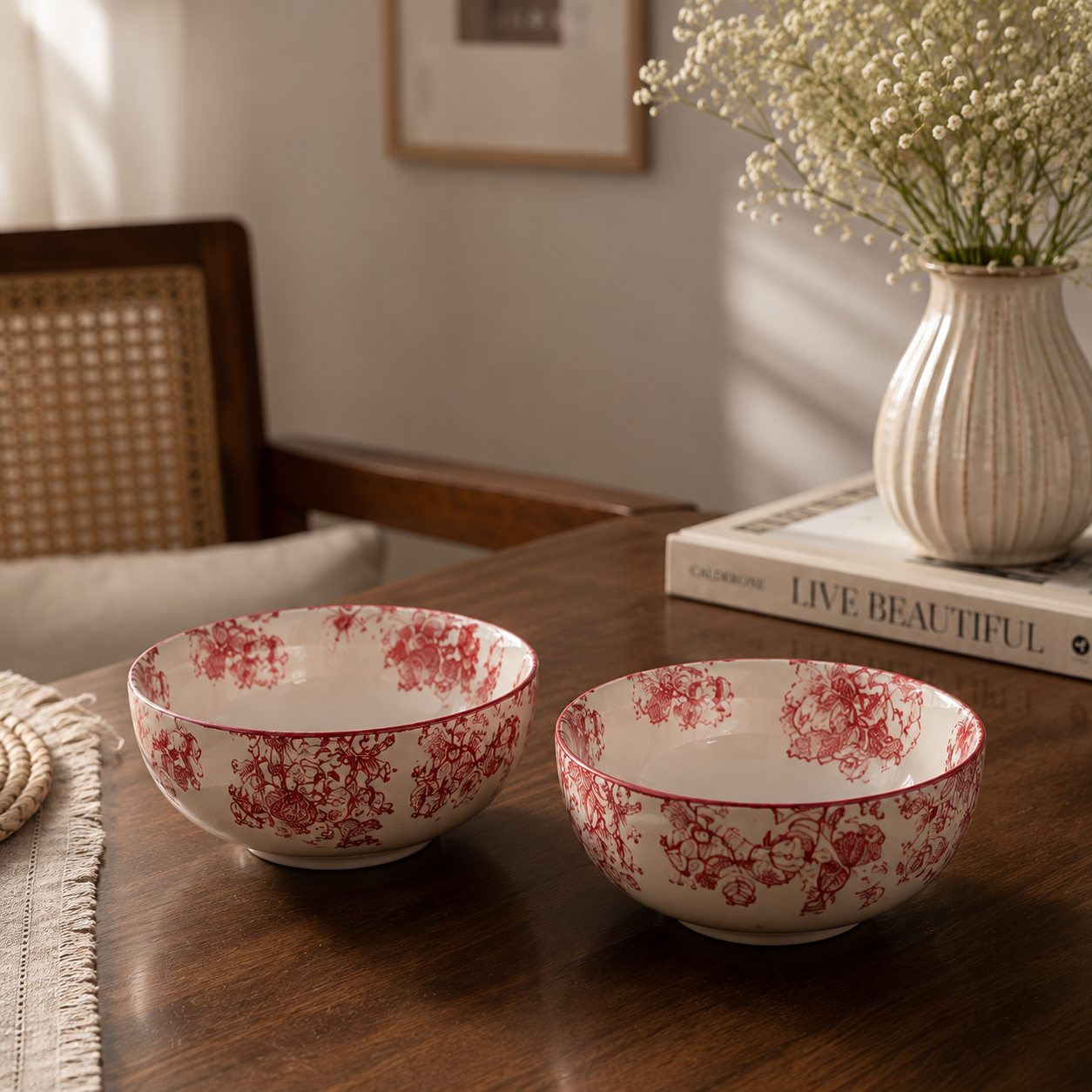 Vintage Floral Ceramic Soup Bowl Set of 6 Red Flower Print Serving & Snack Bowls