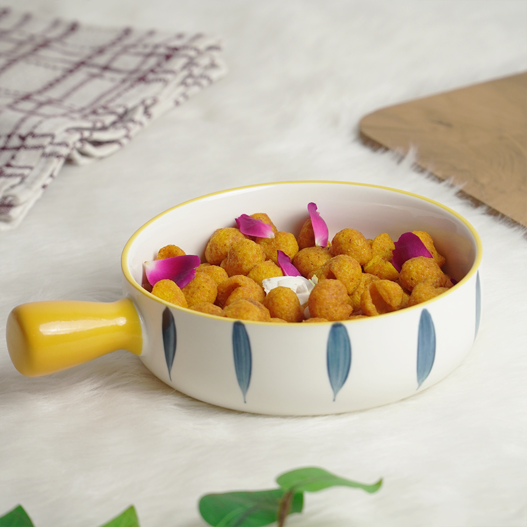 Ceramic Serving Bowl with Handle – Yellow Grip Designer Snack & Soup Bowl | Multipurpose Kitchen Bowl