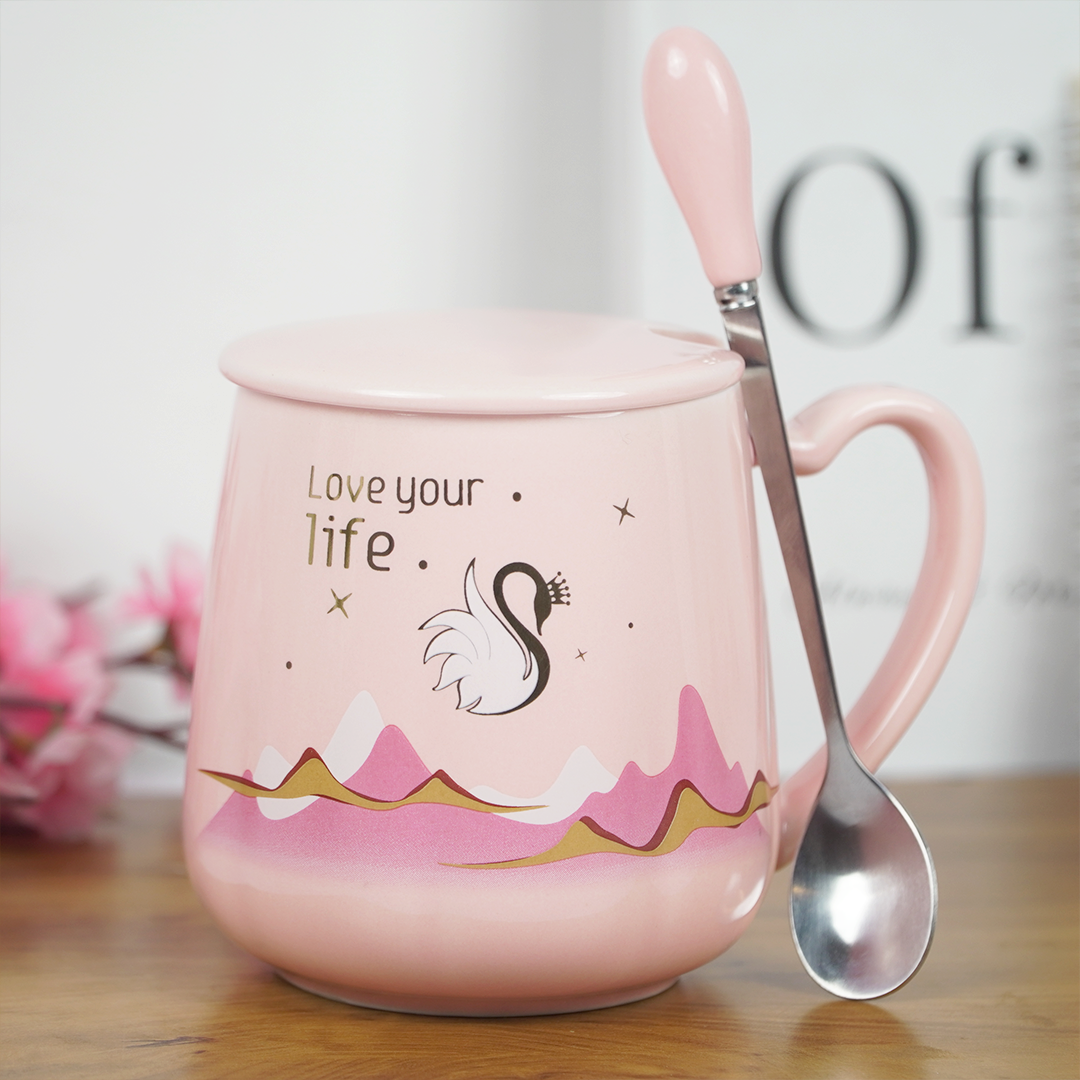 Love Your Life Ceramic Coffee Mug with Lid & Spoon | Aesthetic Tea & Coffee Mug Set | Inspirational Quote Mug | (Blue & Pink)