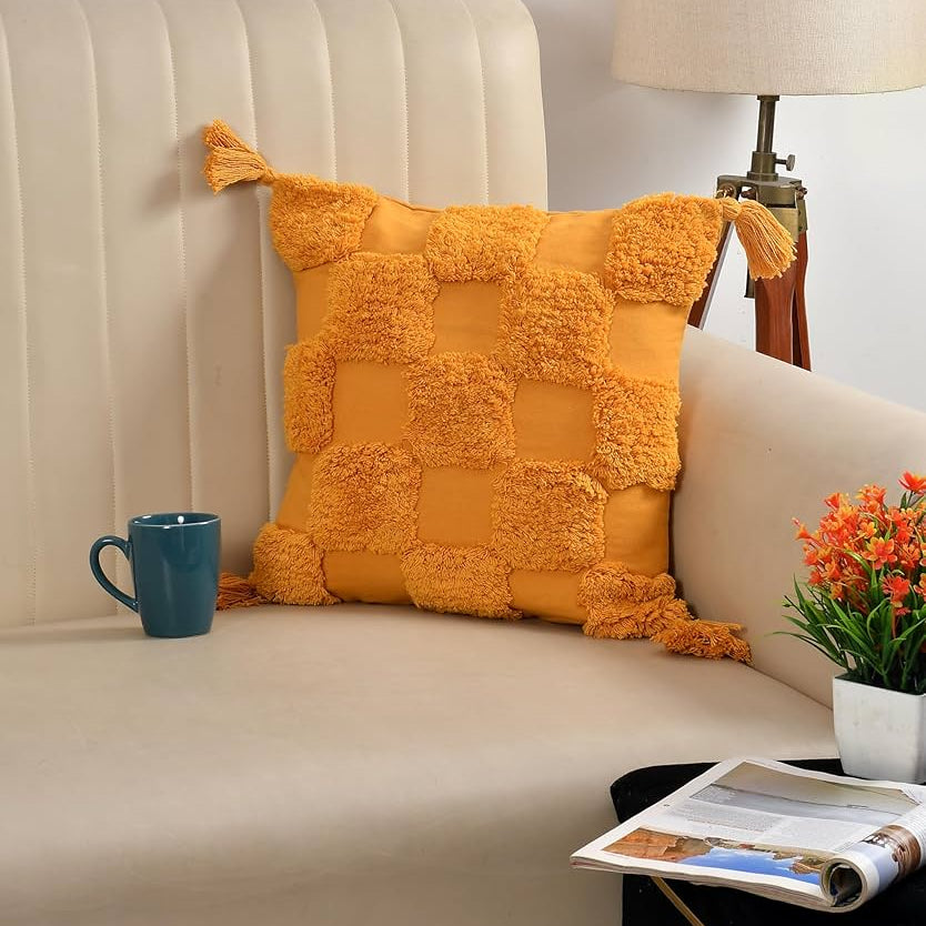 Mustard Boho Textured Cushion Cover Set – Tufted Decorative Throw Pillows with Tassels for Sofa, Living Room & Bedroom (Pack of 2)
