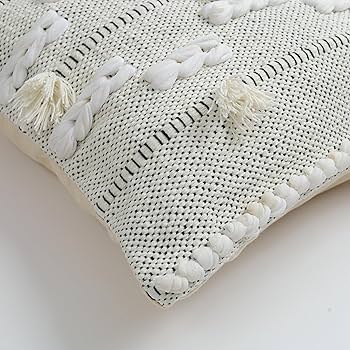 White Boho Textured Cushion Cover Set – Tufted Tassel Decorative Throw Pillows Cover Set for Sofa, Living Room & Bedroom (Pack of 2)
