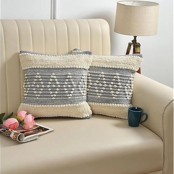 Grey & Cream Boho Textured Cushion Cover Set – Tufted Decorative Throw Pillows Cover Set for Sofa, Living Room & Bedroom (Pack of 2)