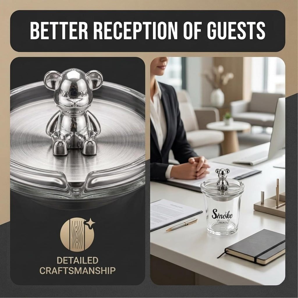 Glass Smoke Ashtray with Decorative Bear Lid – Premium Tabletop Ashtray