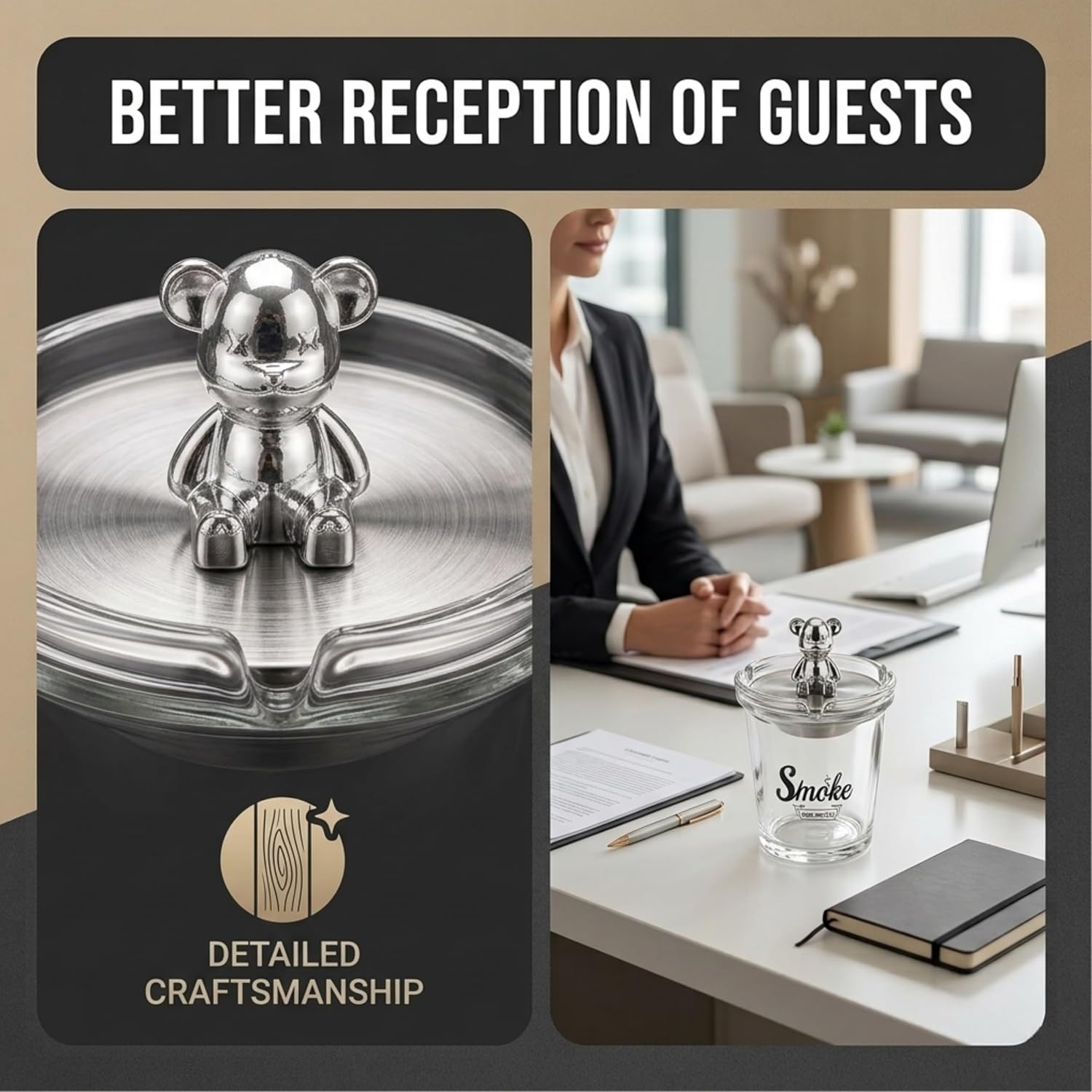 Glass Smoke Ashtray with Decorative Bear Lid – Premium Tabletop Ashtray