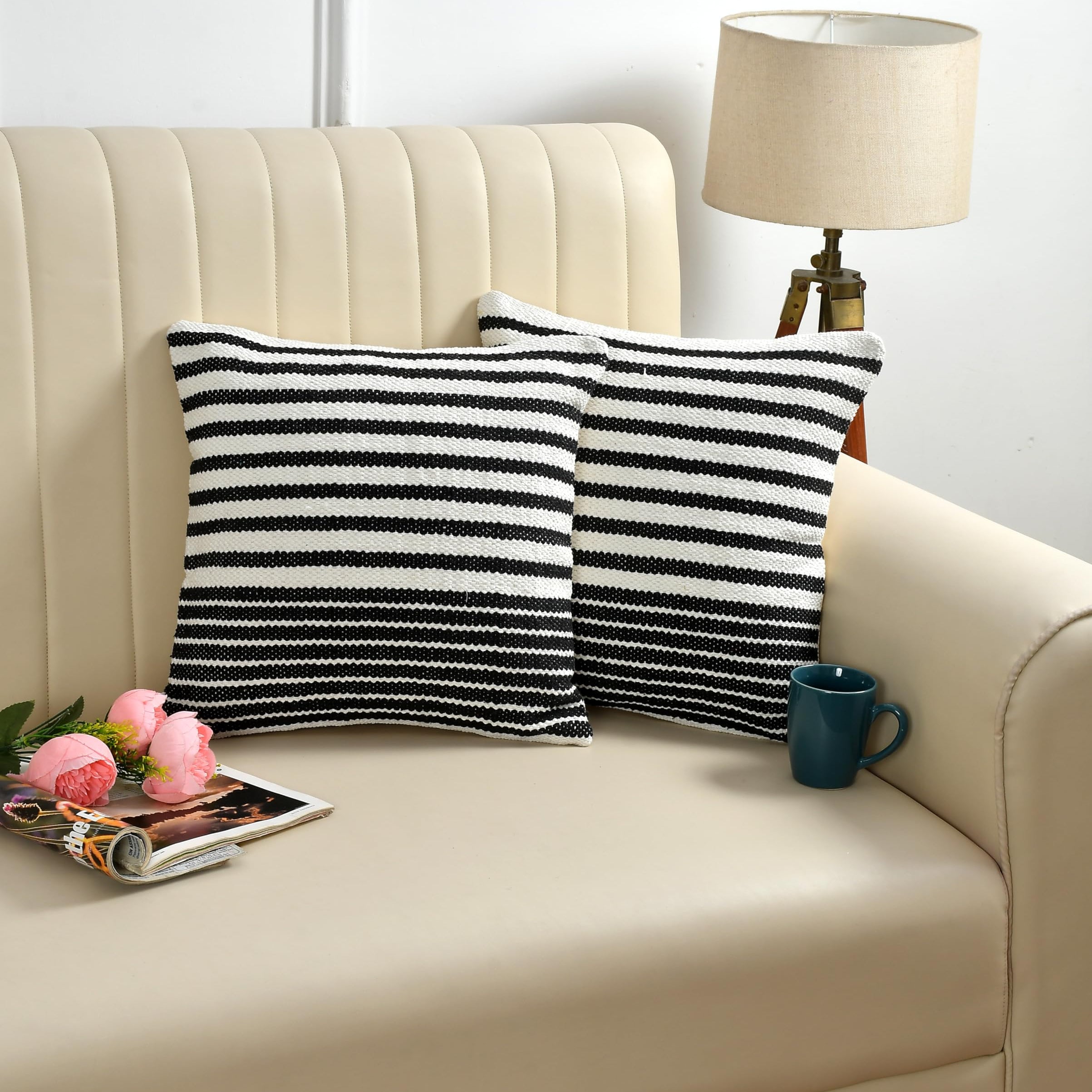 Black & White Striped Cushion Cover Set – Modern Woven Decorative Throw Pillows Cover Set for Sofa, Living Room & Bedroom (Pack of 2)
