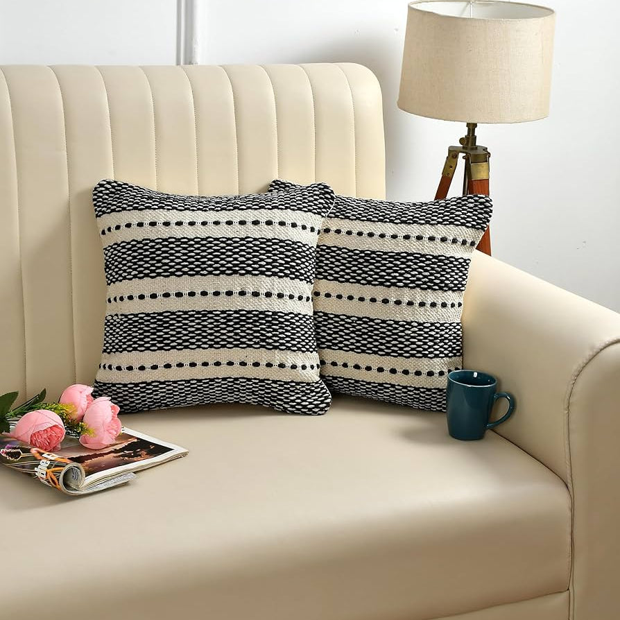 Black & Cream Striped Boho Cushion Cover Set – Textured Woven Decorative Throw Pillows for Sofa, Living Room & Bedroom (Pack of 2)