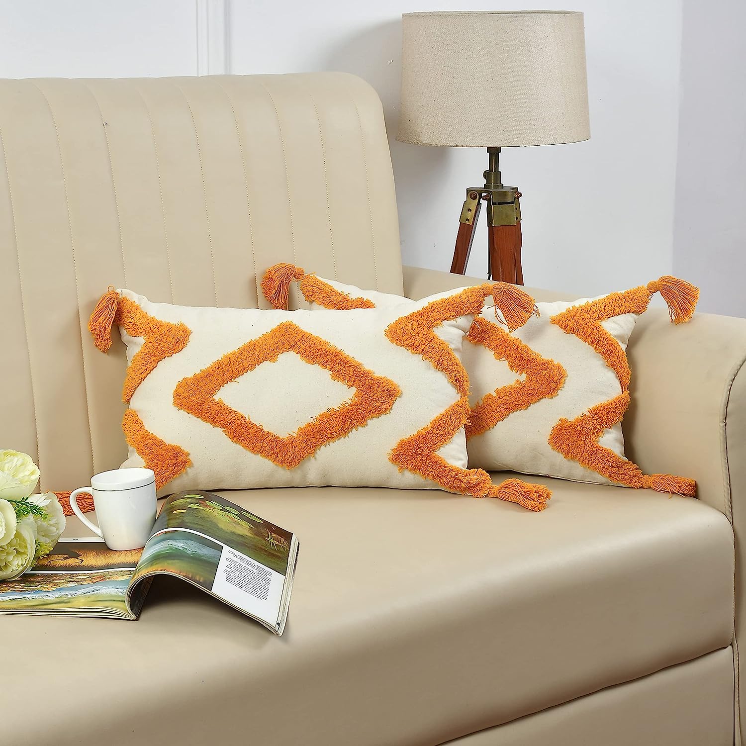 Boho Tufted Diamond Cushion Cover Set – Beige & Rust Orange Decorative Lumbar Throw Pillow Covers with Tassels for Sofa, Couch & Bedroom (Pack of 2)