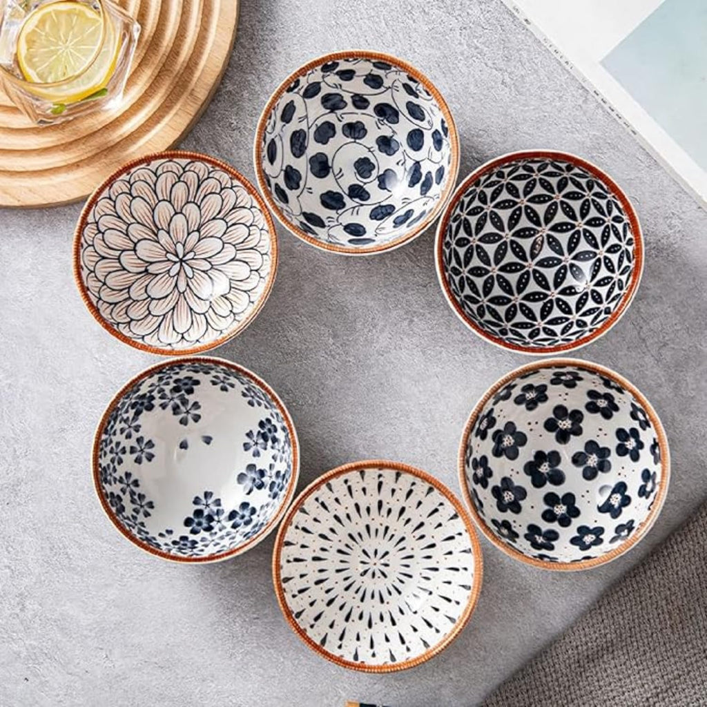 Blue & White Ceramic Bowl Set of 6 – Japanese Floral Pattern Serving & Snack Bowls